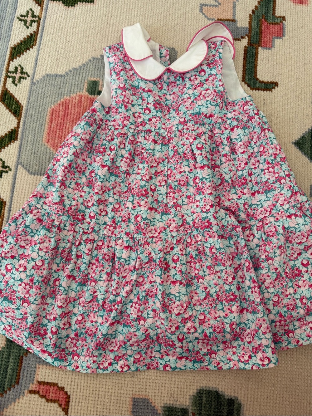 Pepa London Girls Pink Floral Tiered Dress with Peter Pan Collar